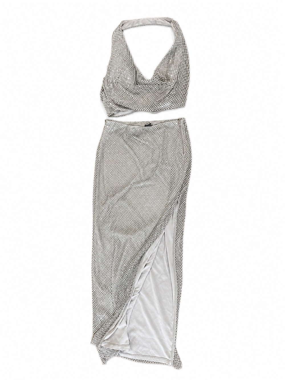 Windsor Silver Sequin Halter Maxi Skirt with Side Slit